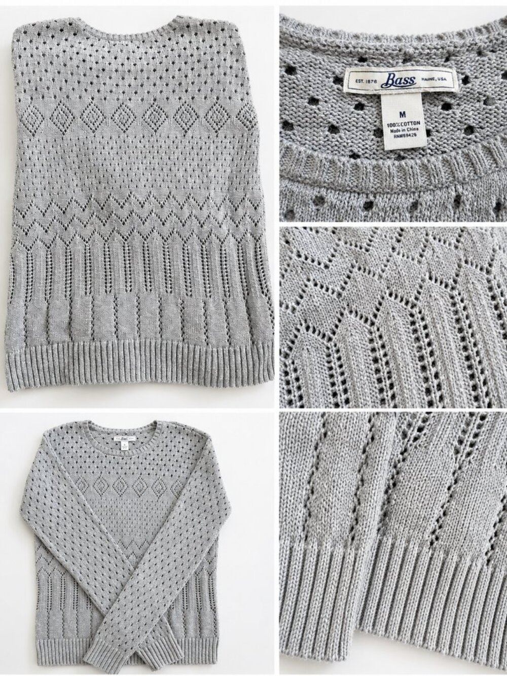 Bass 100% Cotton Open Knit Pointelle Sweater Gray Size Medium